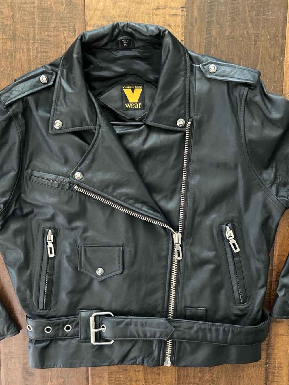 Vintage 90’s Virginia Slims "V Wear"  black leather motorcycle biker jacket.